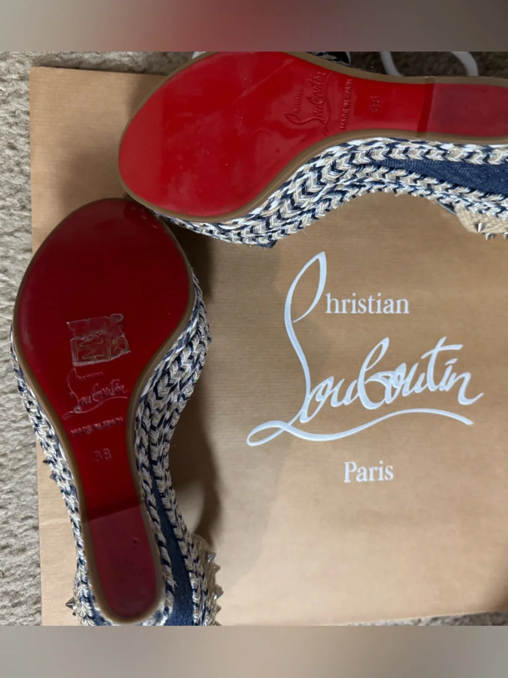 Christian Louboutin 💯% Authentic Denim Studded Espadrille Wedge Sandals -Size 38